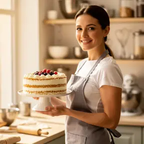 Smiling woman in her 30s in a baking studio, holding a decorated cake, natural light, warm atmosphere, professional portrait, shallow depth of field
