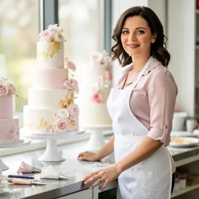 Confident woman pastry enthusiast posing in a cake workshop, elegant decorated cakes in background, natural light, high resolution portrait