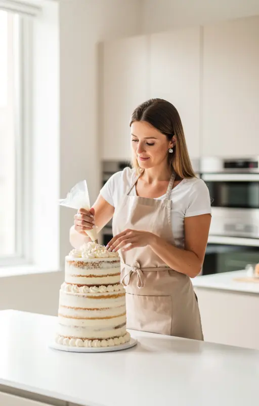 Woman decorating a layered cake in a modern bright kitchen, natural light from window, minimalist interior, soft neutral tones, professional lifestyle photography, high resolution