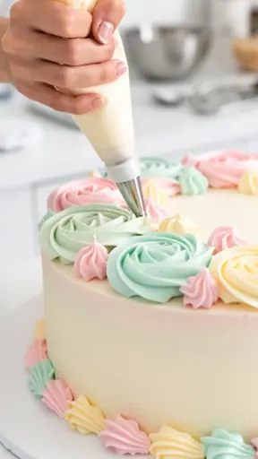 Close-up of hands using a piping bag to decorate a cake with buttercream, pastel colors, bright pastry studio, shallow depth of field, high detail