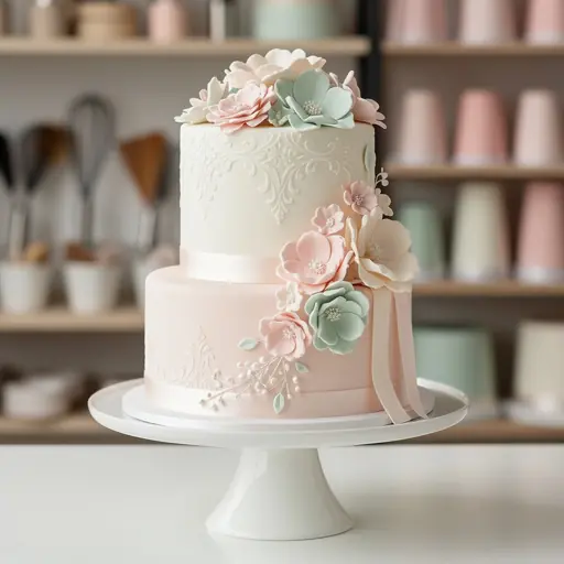 Elegant layered cake covered in fondant with refined decorations in a cake design studio, soft lighting, pastel tones, high resolution professional food photo