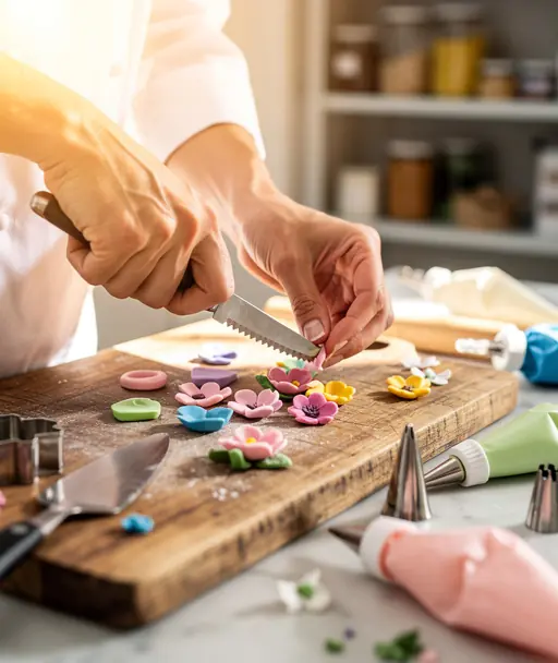 Close-up of hands cutting and preparing cake decorations on a wooden board in a bright baking studio, warm sunlight, pastry tools nearby, high detail, professional food photography