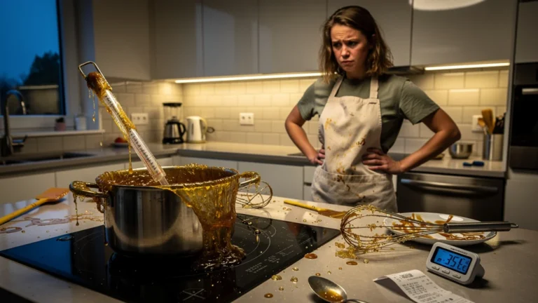 Casserole brûlée d'isomalt avec thermomètre oublié, perte de 35€ en cuisine professionnelle