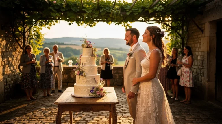 Mariage en Forez avec un gâteau de mariage élégant qui transforme la perception du cake design kitsch