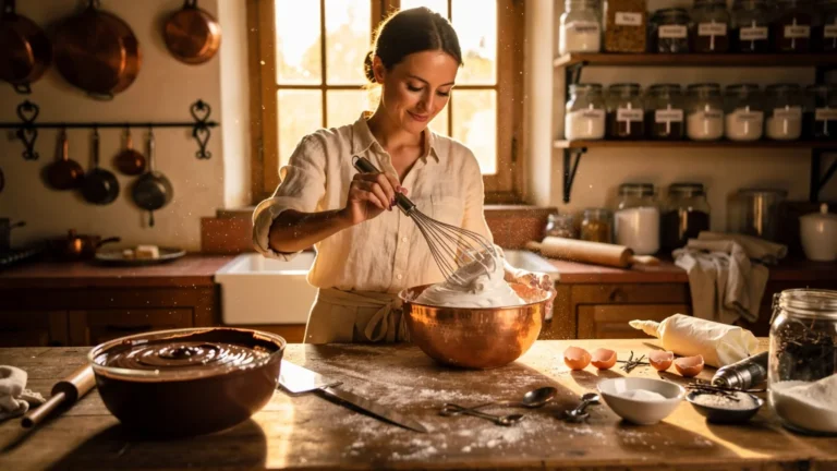 Femme de 30 ans préparant meringue italienne et ganache en atelier pâtisserie chaleureux