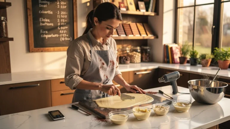 Femme concentrée tempérant du chocolat blanc en cuisine moderne, maîtrise et passion du chocolat à 34 ans