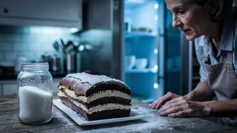 Bûche à étages détaillée sous lumière froide, illustrant le froid intense d’un frigo mal estimé