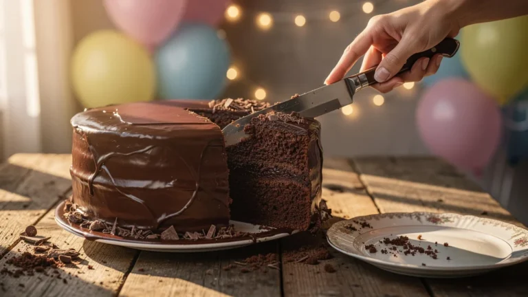 Gâteau d'anniversaire chocolat classique tranché avec soin pour une fête réussie