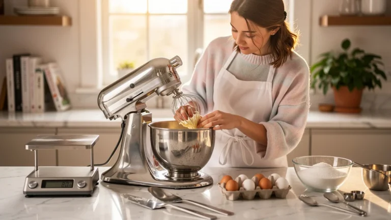 Jeune femme préparant une buttercream suisse en cuisine moderne avec matériel professionnel, lumière naturelle