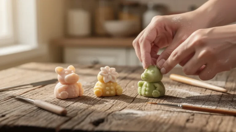 Cinq pâtes d’amande modelées en petits sujets lors d’un test tactile à l’aveugle