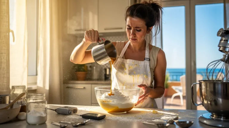 Baker struggling with Italian and Swiss meringue buttercream in hot kitchen, summer heat challenge