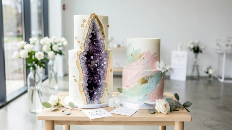 Comparaison gâteau géode et gâteau peinture avec ganache blanche pour mariage moderne, cake design débutant