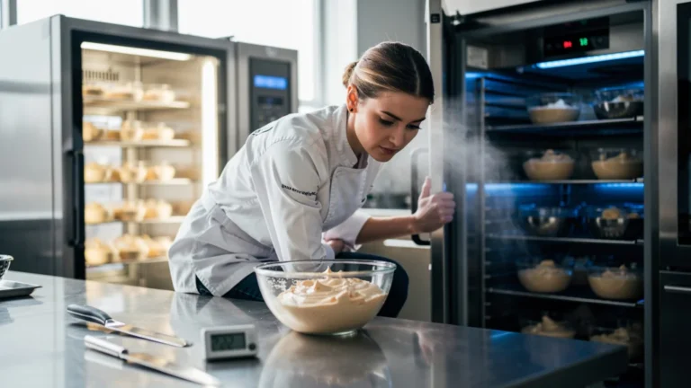 Chef chronométrant le temps de prise d’une ganache montée au frigo et en cellule frigorifique