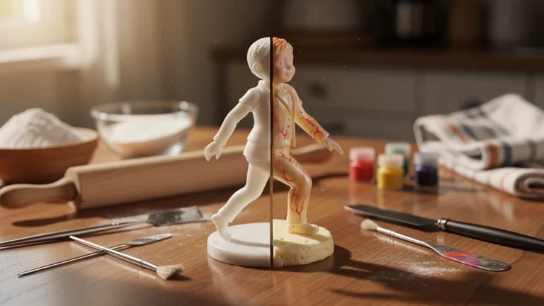 Comparaison hyper-réaliste de quatre marques de pâte à sucre sur une même figurine modelée détaillée