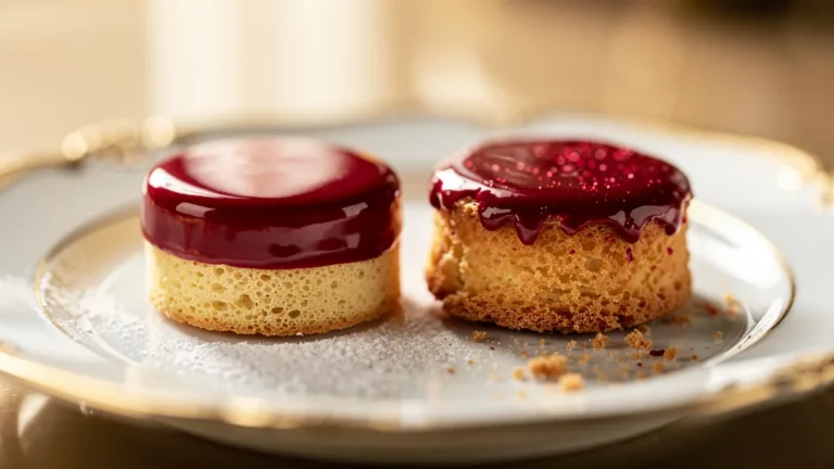 Deux biscuits glacés miroir, génoise fine et sablé sec, en gros plan ultra réaliste