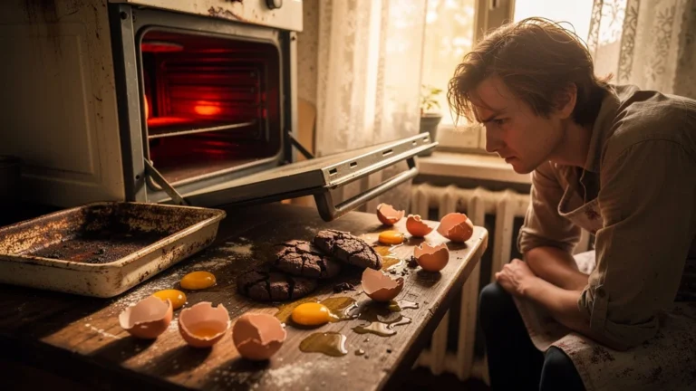 Cuisine réaliste avec biscuits chocolat brûlés et huit œufs cassés après un four mal calibré