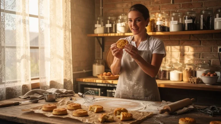 Patissière expliquant l'importance cruciale de la croûte dorée sur un biscuit artisanal croustillant