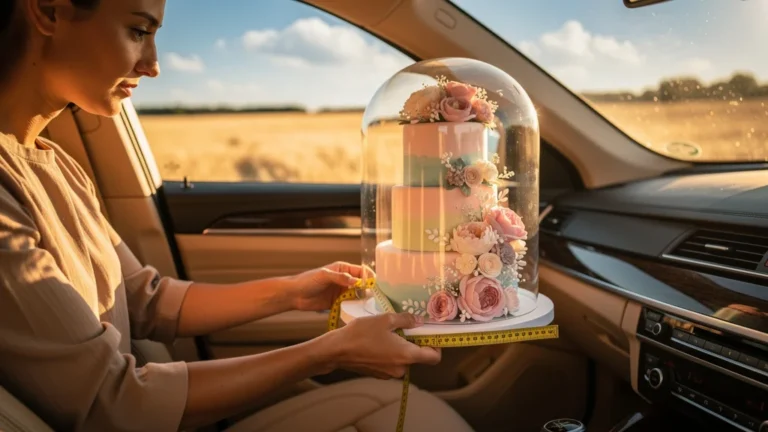 Mesure précise d’un gâteau à trois étages dans une voiture par un après-midi d’août lumineux