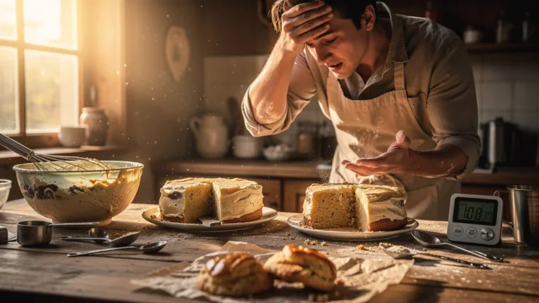 Cuisine rustique avec trois gâteaux d'anniversaire ratés révélant des biscuits sous-cuits et frustration en cuisine