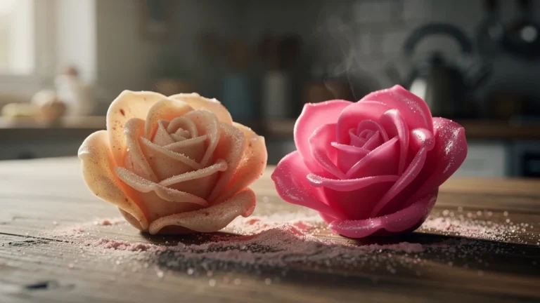 Comparaison hyperréaliste d'une rose en pâte d'amande et une en pâte à sucre selon l'humidité