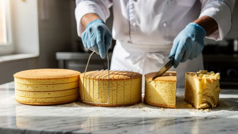 Découpe précise de biscuits à la lyre et au couteau sur cinq gâteaux après frigo et repos