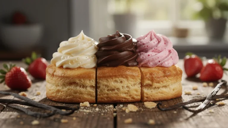 Biscuit divisé avec trois recettes de buttercream testées sur deux semaines, textures et couleurs distinctes