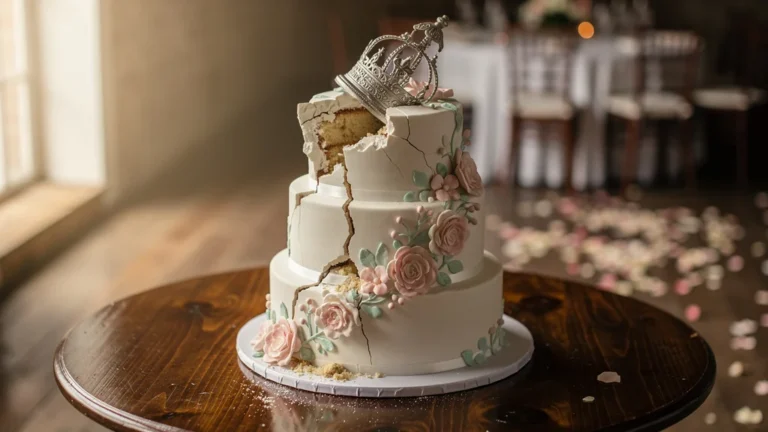 Gros plan d’un gâteau fondant fissuré par un topper trop lourd, illustration réaliste et détaillée