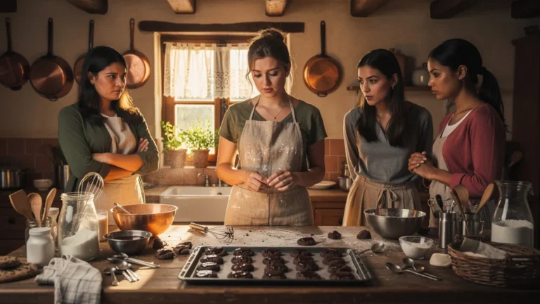Femme déçue avec ses amies jugeant sa recette de biscuit chocolat dans une cuisine chaleureuse et réaliste