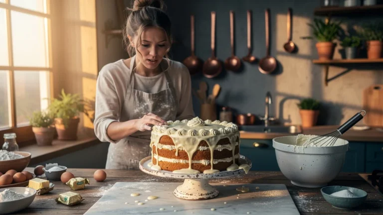 Buttercream mascarpone fondue sur un gâteau après deux heures, illustration réaliste d’échec pâtissier