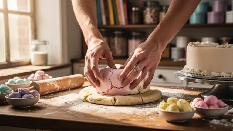Baker struggling à travailler le fondant à rouler comme de la pâte à modeler en cuisine professionnelle
