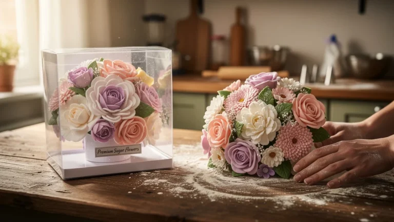 Comparaison réaliste fleurs en sucre achetées et faites maison sur table en bois, lumière naturelle douce