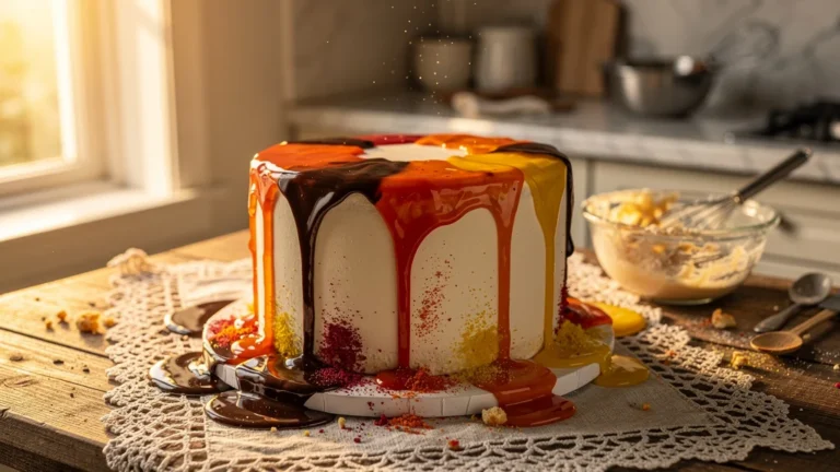 Premier drip cake en été à 28°C avec la coulure de glaçage qui fuit à la base du gâteau