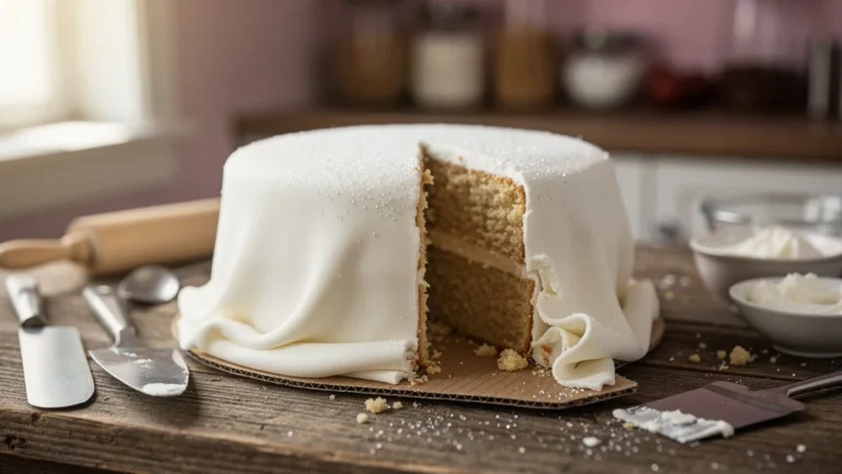 Mon premier gâteau de communion avec pâte à sucre déchirée par un bord de carton trop saillant