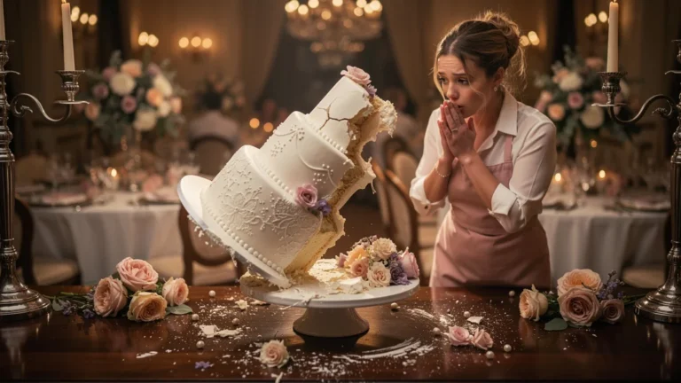 Effondrement réaliste d'un wedding cake à trois étages lors d'une réception, moment de déception capturé