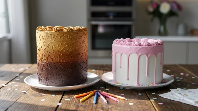 Comparaison hyperréaliste cake ombre versus drip cake pour anniversaire ado, choix clair et net