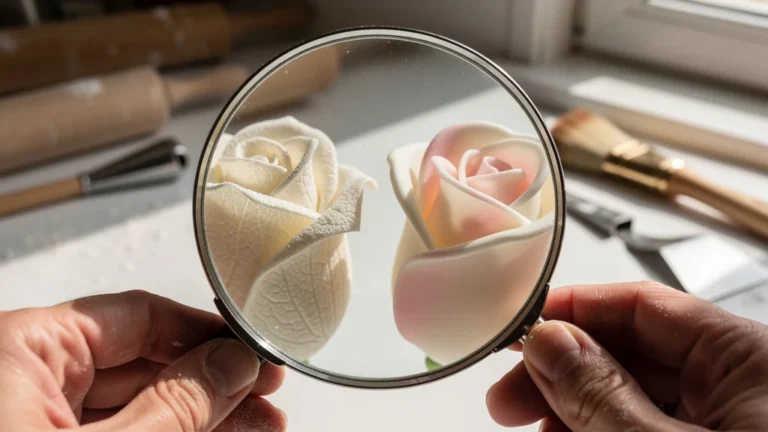 Comparaison ultra-détaillée d’une rose en pastillage et gum paste sous loupe en pâte à sucre