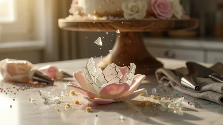 Gros plan hyperréaliste d’une fleur en sucre cassée humide sur un comptoir après un transport fragile