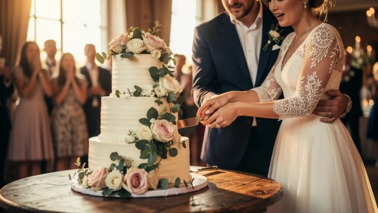 Premier wedding cake à trois étages prêt à être découpé lors d’un mariage, moment plein de tension