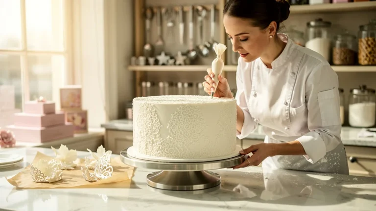 Détails fins en royal icing et pastillage sur gâteau, verdict après vingt commandes de pâtisserie