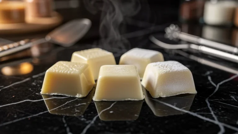 Cinq pièces de chocolat blanc tempéré à 28°C et 30°C sur surface noire, test de tempérage précis