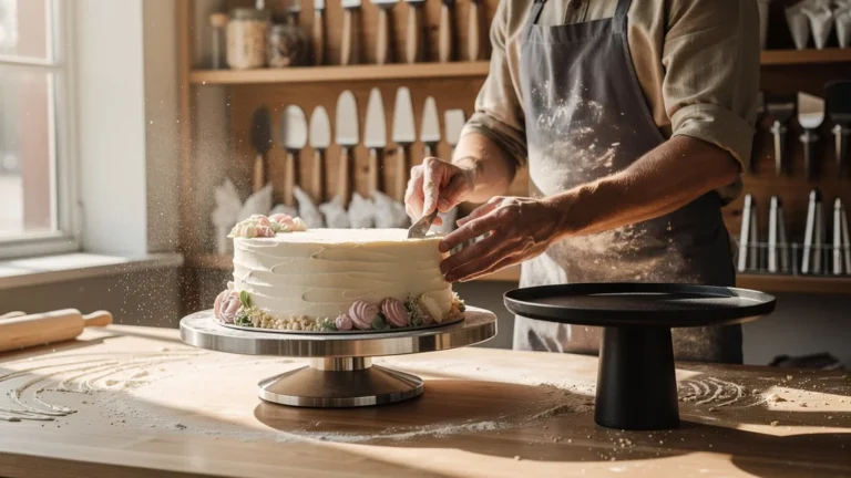 Boulanger utilisant un tour à pâtisserie rotatif et un plateau fixe, avis après deux ans de montage