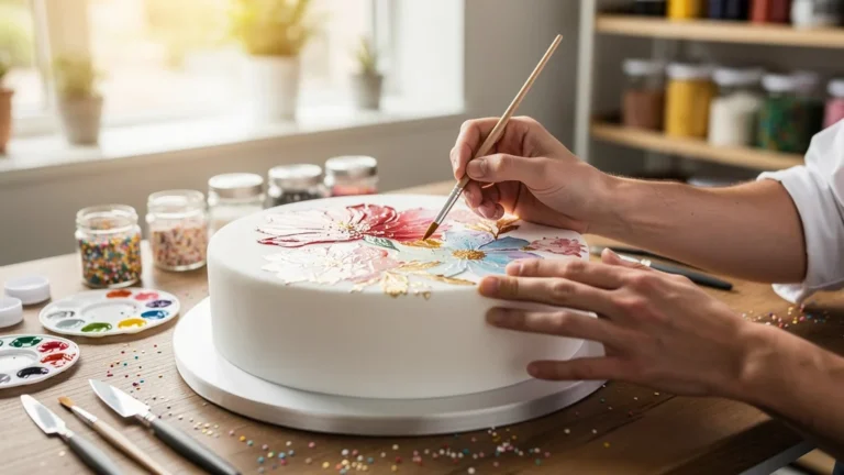 Artisan appliquant transfert image comestible et peinture main libre sur gâteau fondant blanc