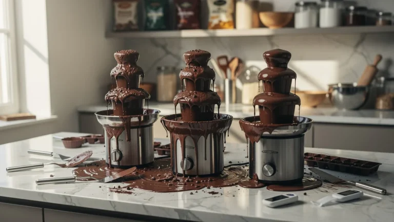 Trois fontaines de chocolat ratées en série à cause d'un chocolat non tempéré, texture et coulée irrégulières