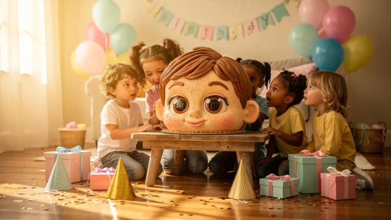 Anniversaire enfant 5 ans avec gâteau pâte d'amande aux yeux surdimensionnés, ambiance festive lumineuse