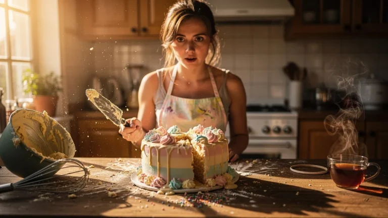 Gâteau d'anniversaire avec buttercream fondue à 28°C, moment de déni et frustration dans une cuisine réaliste
