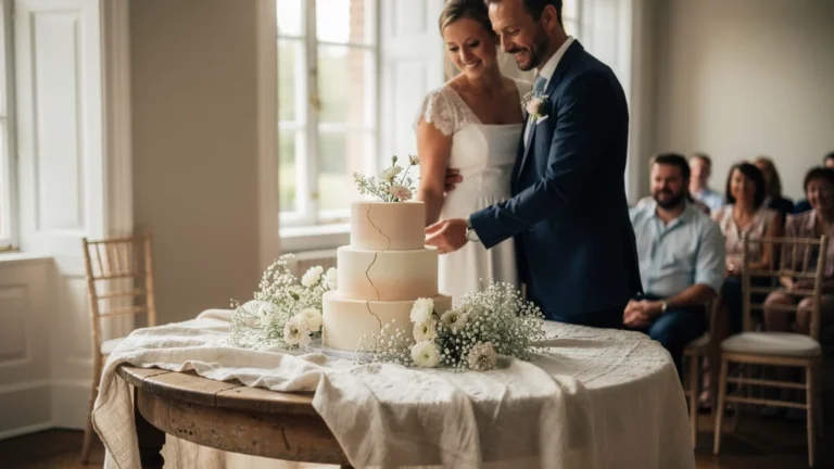 Photo réaliste mariage civil simple avec gâteau en pastillage fissuré, ambiance intime et élégante
