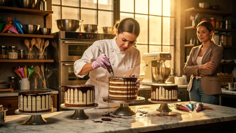 Cliente exigeante obligeant à refaire finitions drip cake cinq fois, pâtissière concentrée en cuisine