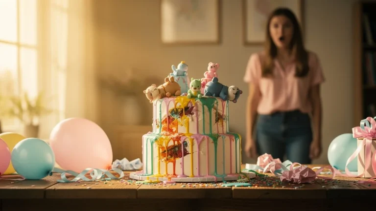 Commande de baby shower ratée à 95€ avec peinture comestible coulée sur un gâteau fondant blanc
