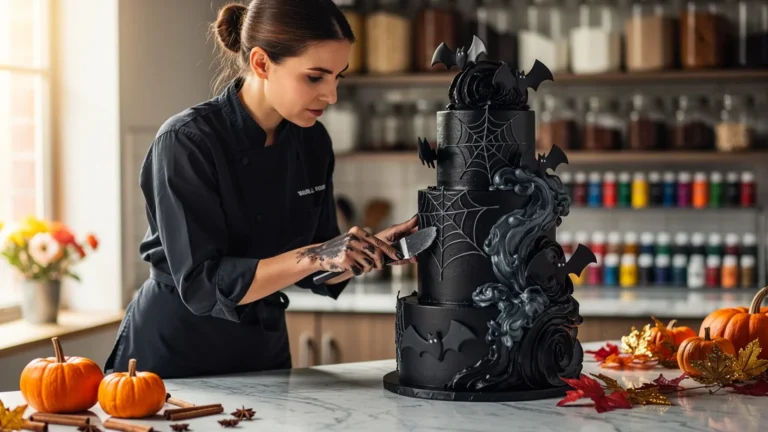Chef pâtissière créant un gâteau d'Halloween noir revisitant l'usage des colorants en pâtisserie