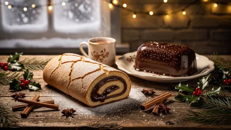 Biscuit roulé maison craqué et bûche moulée avec condensation pour fêtes en famille